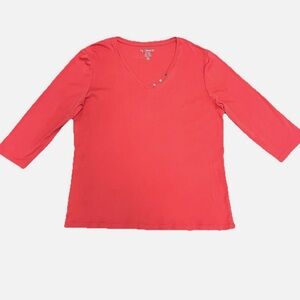 by Chico's Women's 3/4 Sleeve V-Neck Top Size 3 = XL 16 18 Cotton Tee Coral Soft